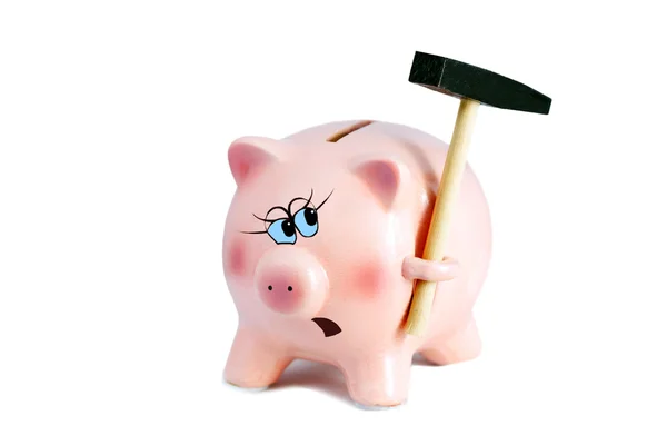 Medo Pretty Piggy Bank com martelo, inflação em um branco Backg — Fotografia de Stock