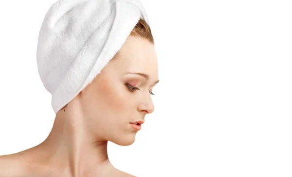 Young woman with white towel on her head — Stock Photo, Image