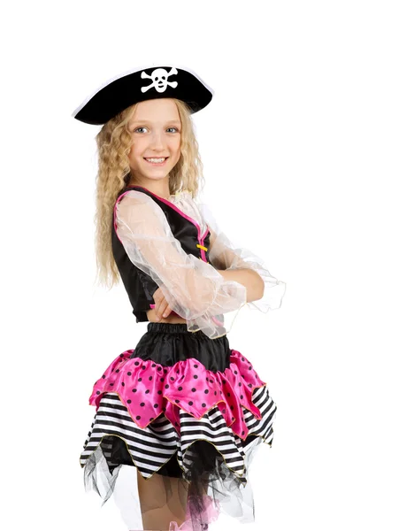 Kind verkleed als piraat. Meisje in de Poses op witte achtergrond. — Stockfoto