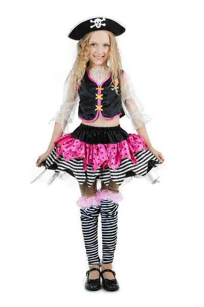 Malá dívka, která nosí karnevalový Kostým pirát Halloween — Stock fotografie