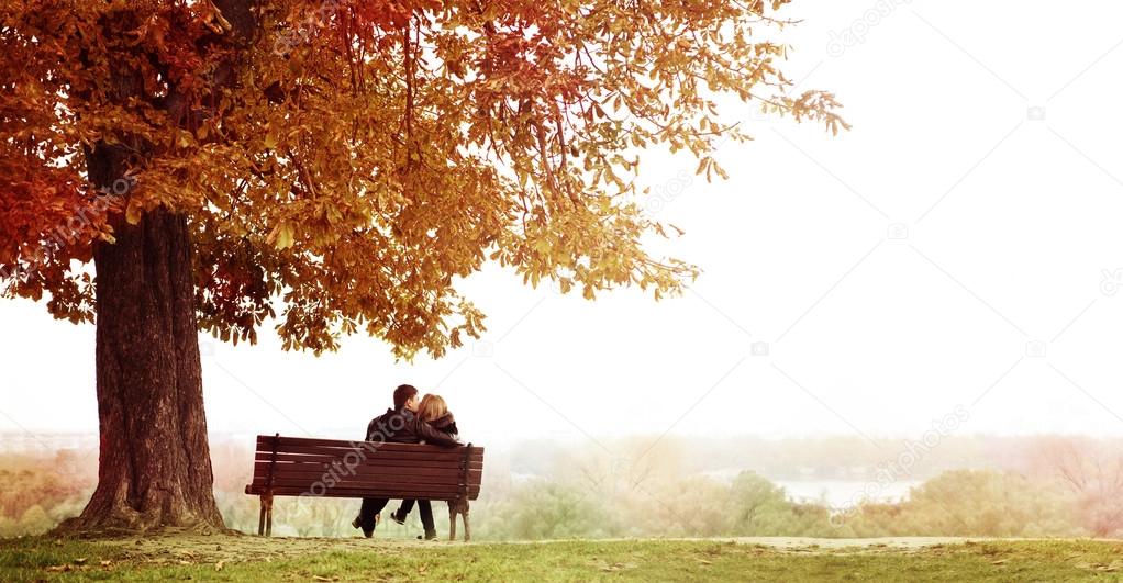 Young Couple Kissing on a Bench under the Huge Chestnut .