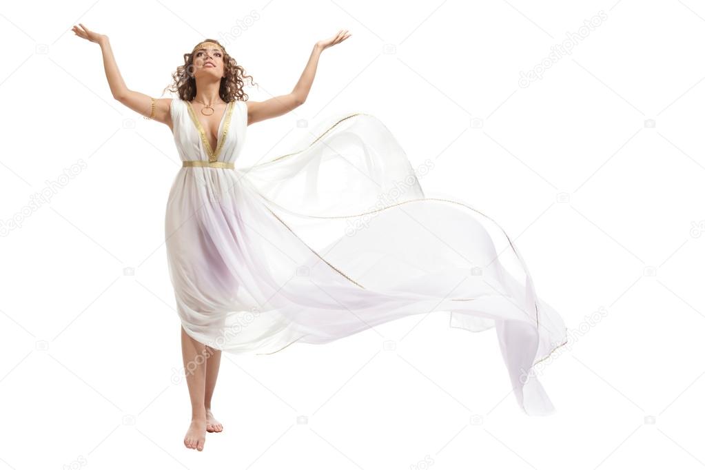 Classical Greek Goddess in Tunic Raising Arms