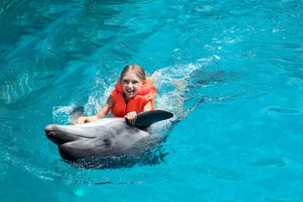 Happy Little Girl Riding the Dolphin in Swimming Pool