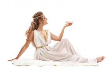 Serisi: Klasik Yunan tanrıçası içinde kase tutarak tunik