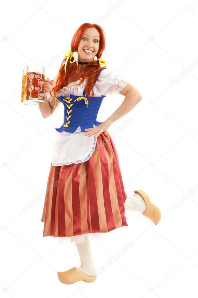Happy Woman in Traditional Costume with Two Glasses of Beer
