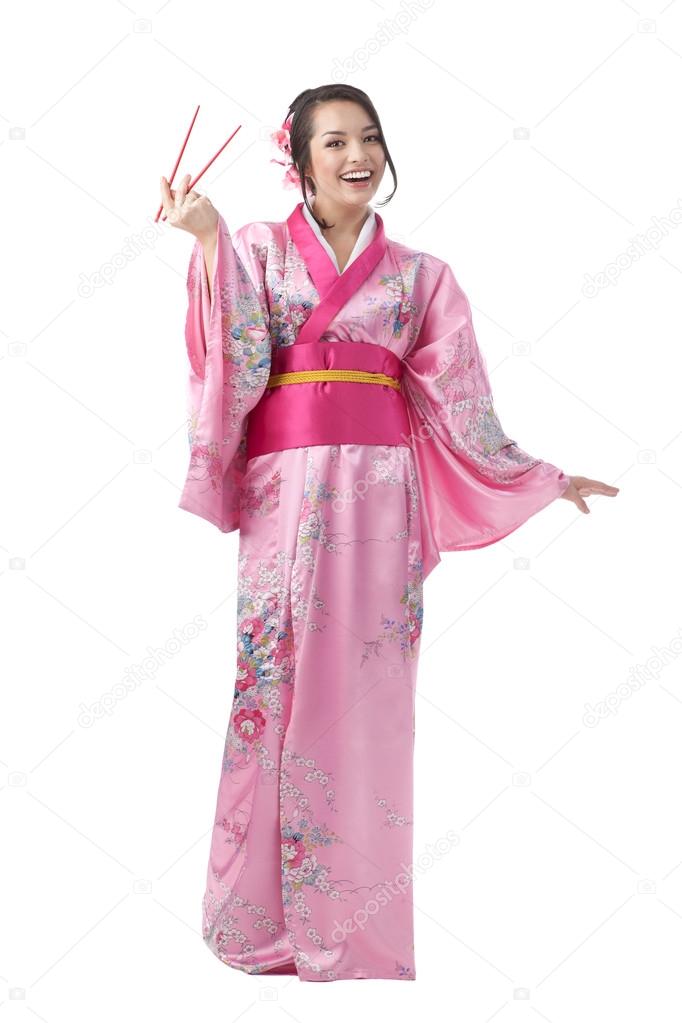 Full Length of Young Woman in Kimono Dress
