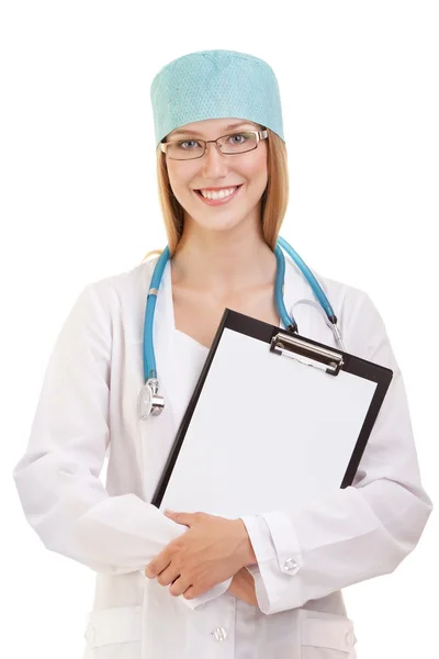 Female Doctor Standing with Stethoscope and Note Pad — Stock Photo, Image