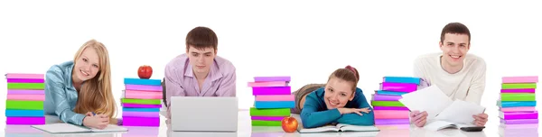 Four Smiling Students and Books — Stock Photo, Image