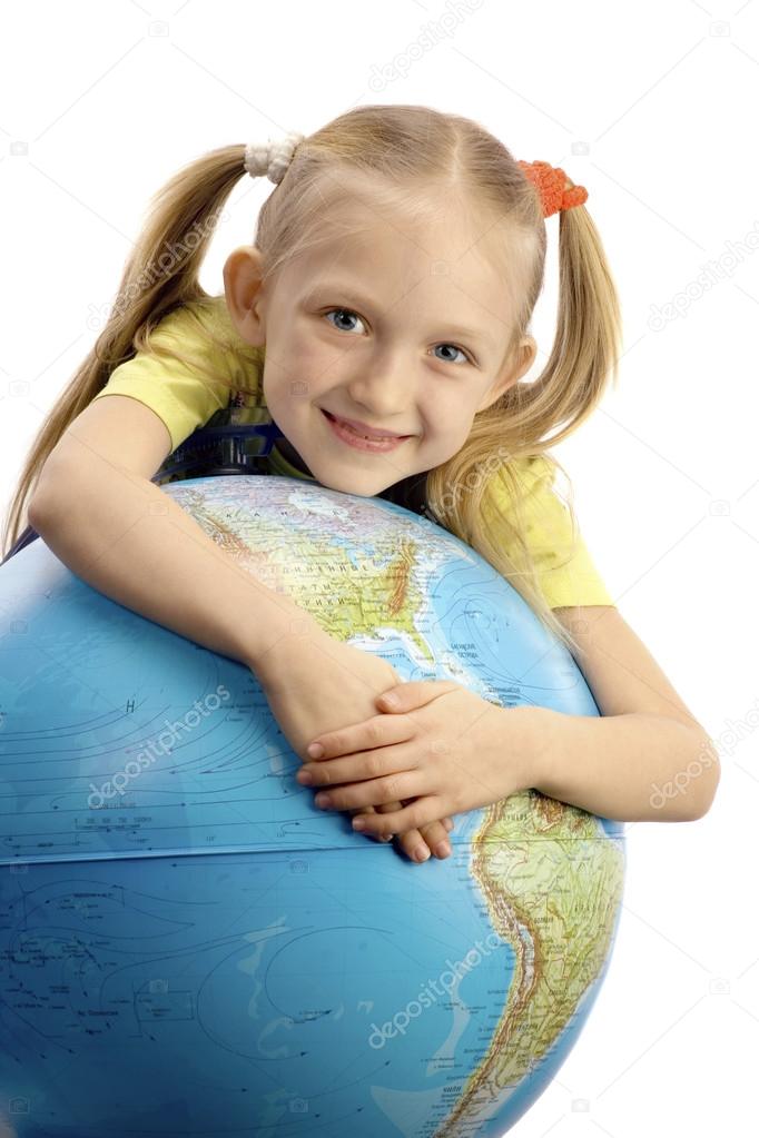 Little Smiling Girl Embracing the Globe 