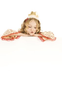 Littlel girl in princess costume looking down the sign clipart