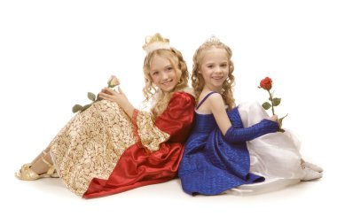 Two beautiful happy little princesses sitting on floor with rose clipart