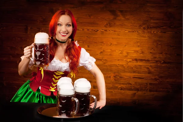 Bavarian Woman with Six Beer Glasses — Stock Photo, Image