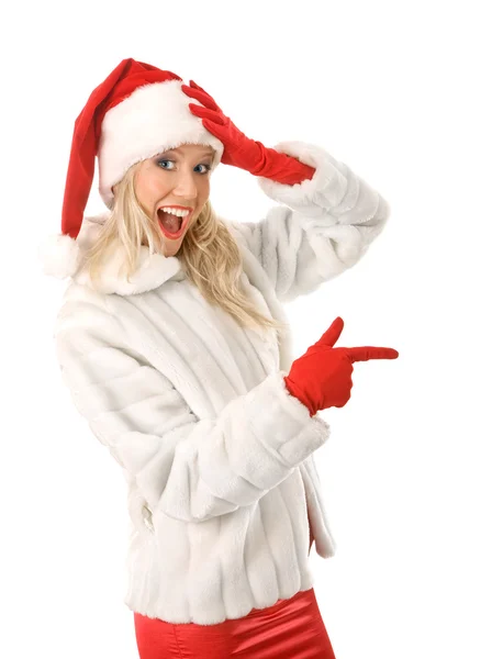 Sexy Girl dressed as Santa Claus Points Finger to Copy Spaces — Stock Photo, Image