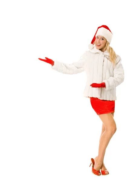 Sexy chica vestida como Santa Claus señala dedo para copiar espacios — Foto de Stock
