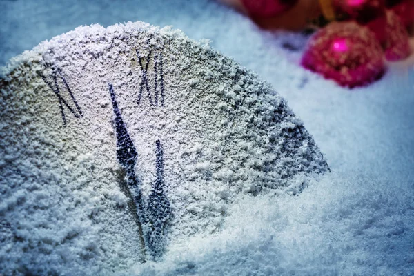 Snow Clock and Christmas Balls — Stock Photo, Image