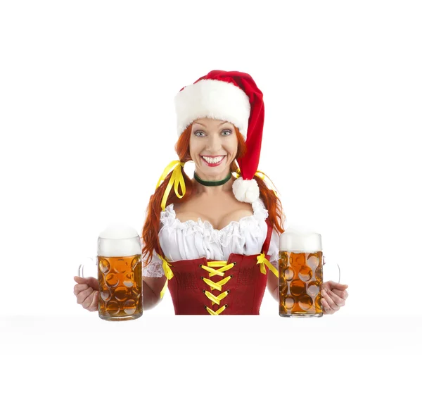 Happy Woman in Santa Hat with Beer Holding a Sign. — Stock Photo, Image