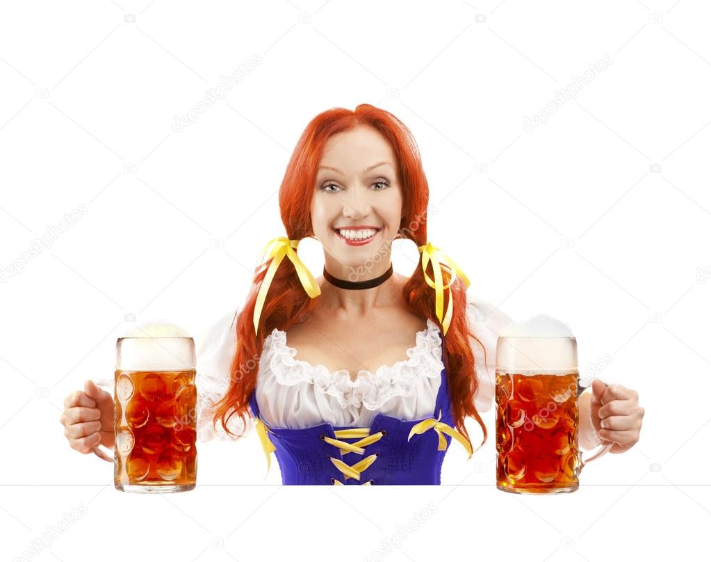 Happy Woman in Traditional Costume with Beer Stein and advertisi