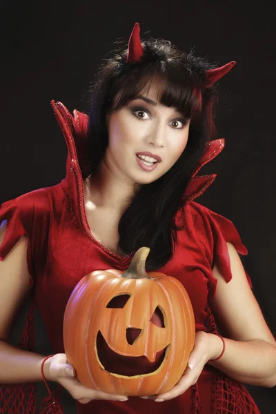 Young Woman in Halloween Costumes of Devil — Stockfoto