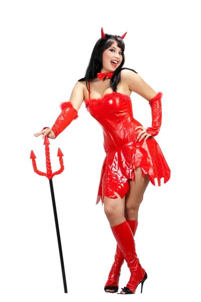 Sexy Red Female Devil Standing with a Trident — Stock Photo ...