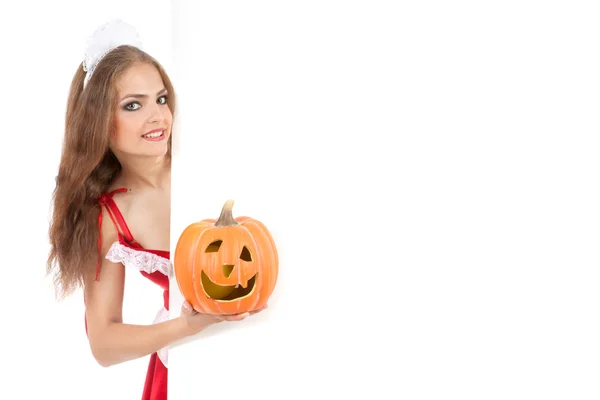 Costume series:sexy maid pointing the sign. — Stockfoto