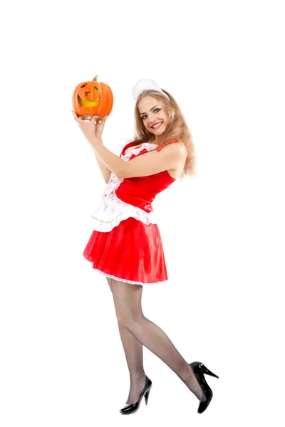 Costume series: sexy maid holding halloween pumpkin — Stock Photo, Image