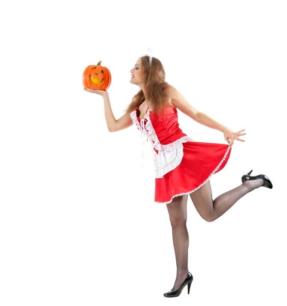 Kostuum serie: sexy meid houden halloween pompoen — Stockfoto