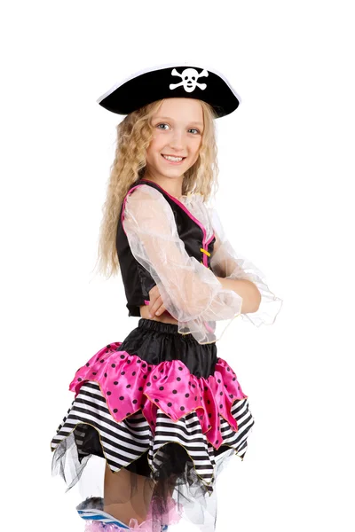 Kız yedi yaşında bir korsan kostüm karnaval giyiyor — Stok fotoğraf