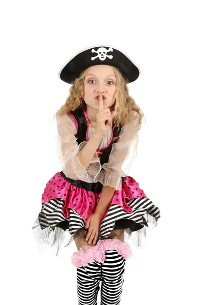 Ragazza di sette anni indossa un costume da pirata carnevale — Foto Stock