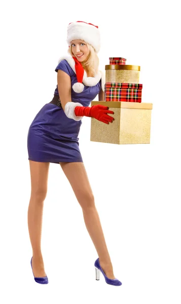 Sexy rubia en un traje de Papá Noel con regalos de Navidad — Foto de Stock