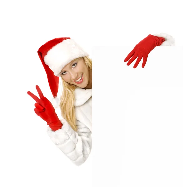 Christmas Girl Shows Sign Victory a  Advertising Space — Stock Photo, Image