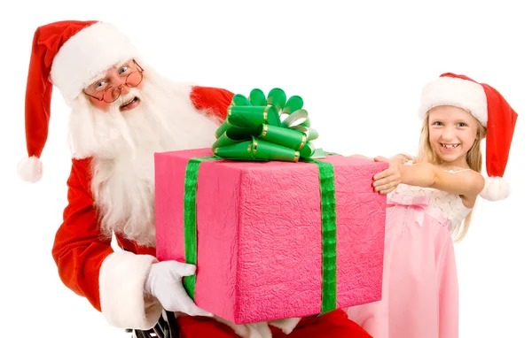 Papai Noel e uma menina branco fundo — Fotografia de Stock