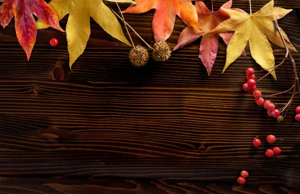 Herbstblätter über Holzhintergrund mit Werbefläche — Stockfoto