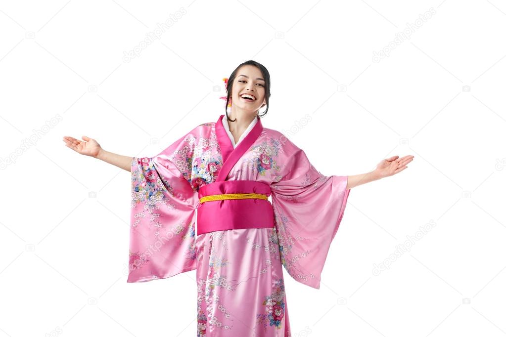 Friendly Young Woman in Kimono Dress. Advertising Space