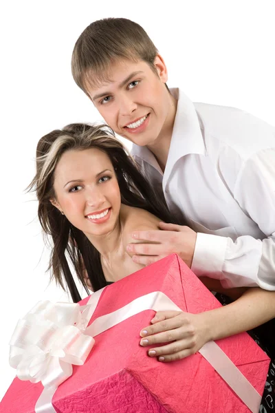 Happy Young Smiling Couple Holding Big  Present. — Stock Photo, Image