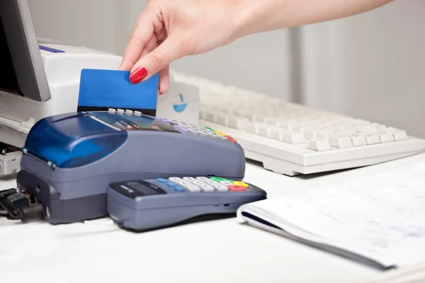 POS Terminal Transaction. Hand Swiping a Credit Card. — Stock Photo, Image