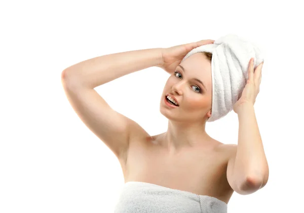 The Beautiful Young Woman in a White Terry Towel — Stock Photo, Image