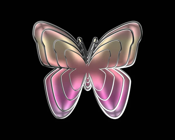 Różowy Brzoskwiniowy Kolorowy Motyl Srebrnej Ramce Izolowane Czarnym Tle — Zdjęcie stockowe