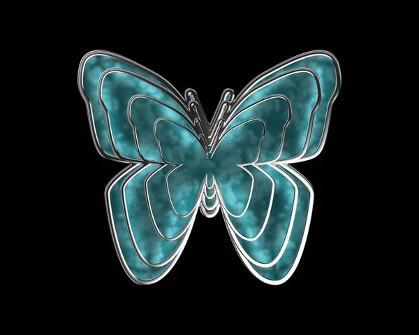 Бірюзовий Метелик Візерунком Срібній Рамці Ізольований Чорному Тлі — стокове фото