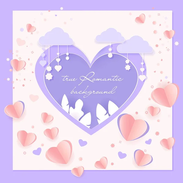 Valentinskarten mit Papiermotiv, enthalten rosa und lila Herzen und Wolken, die von einem Stachel oben gehalten werden — Stockvektor