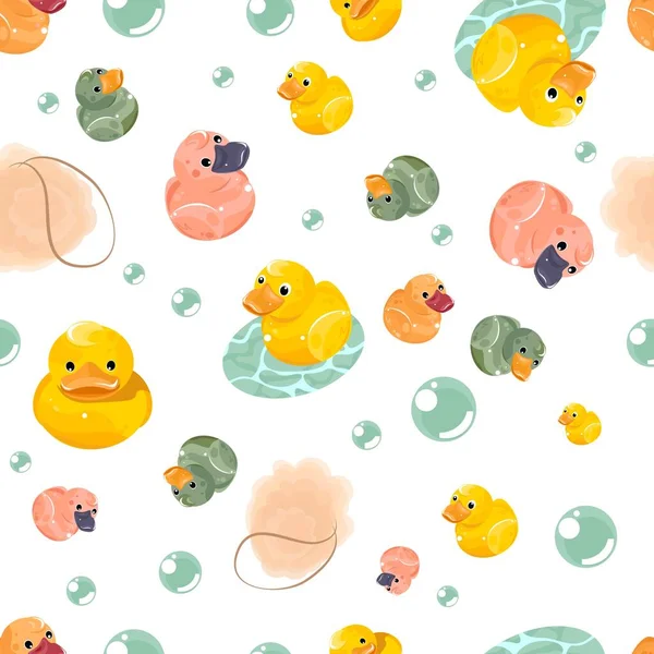 Seamless pattern with yellow, pink rubber ducks and soap bubbles on white background.