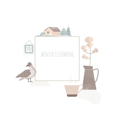 Kitap kapağı, kartpostal, sosyal ağ şablonu. Sıcak bir ev ve sevimli şeyler. Kış geliyor.