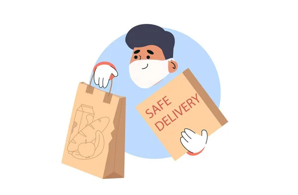 Safe food delivery service during covid-19 quarantine. Vector image. Courier in gloves holding a paper food delivery bag — Stock Vector