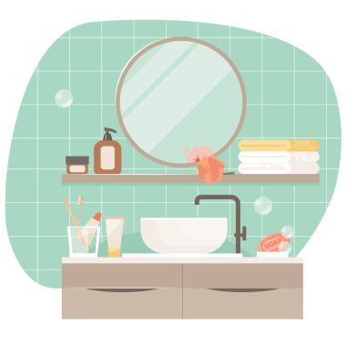 Banyo iç tasarımı. Modern lavabo masası, ayna ve banyo havluları düz vektör çizimi. Boş banyo odası..