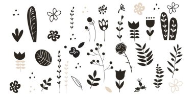 Güzel el çizimi orman yaprağı, dal, çiçekler. Düğün dekorasyonu için geleneksel mürekkep yaprakları karalama stili