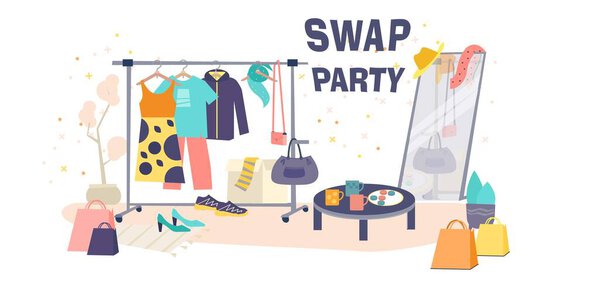 Swap party Illustration with clothes. Vector illustration. Trendy graphic design for print. Reduce and reuse concept