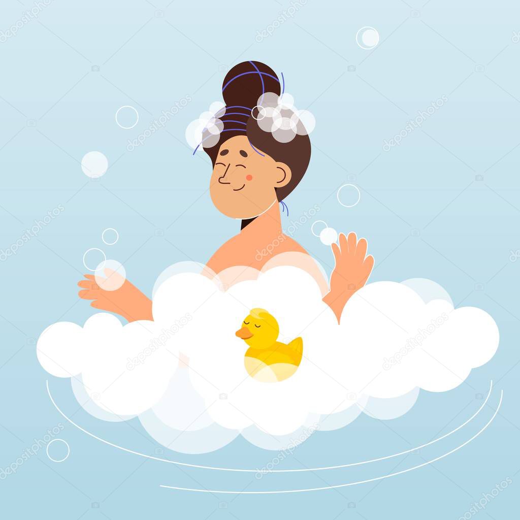 woman in the bathroom. bathed woman relaxing in bubble bath with yellow duckling. vector