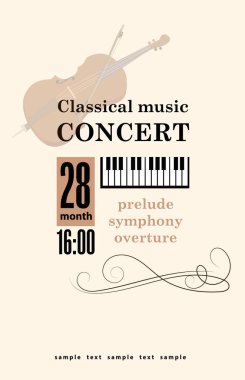 Güzel modern klasik müzik konseri posteri. Yerel etkinlik duyuruları ve terfiler için ideal. Broşür şablonu