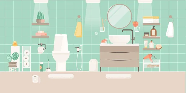 Interior de un inodoro moderno y ligero. Mesa de fregadero moderna, espejo y toallas de baño ilustración vector plano. Cuarto de baño vacío — Vector de stock