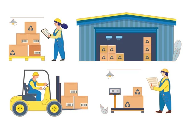 Räumlichkeiten für die Lagerung von Waren, Lager. Containerschiffsarbeiter. Verladen, stapeln. Elektrische Gabelstapler — Stockvektor