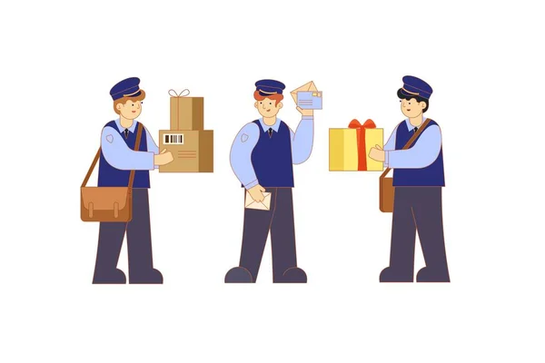 Pošťák v uniformě a s taškou na dopisy. Pošťáci drží balíky, obálky a krabice. Pošta. Izolovaný vektor — Stockový vektor